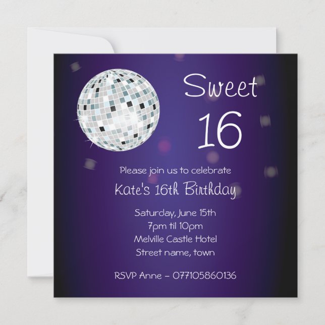 Sweet sixteen 16 Inbjudan till Disco Boll-partiet (Framsida)