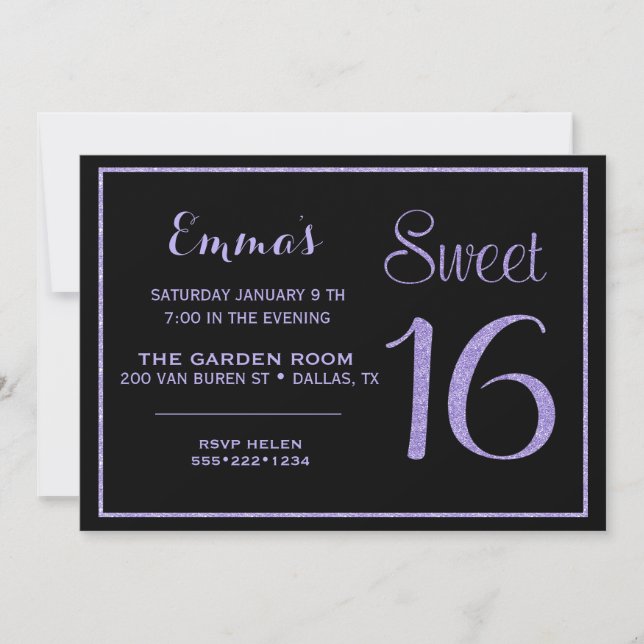 Sweet sixteen 16 Lavender Glitter Glam Inbjudningar (Framsida)