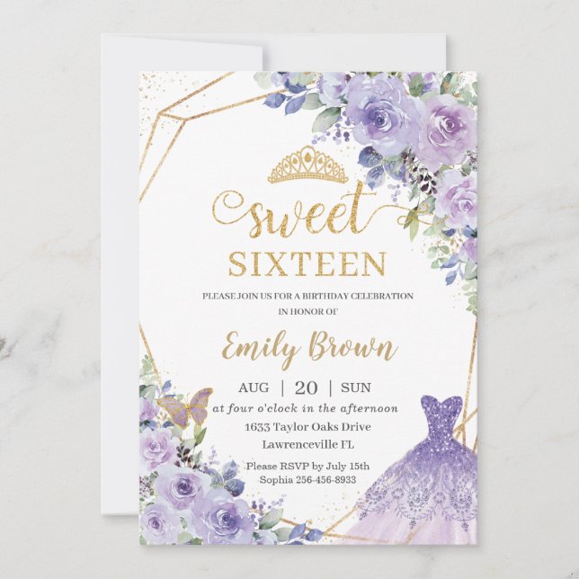 Sweet sixteen 16 Lila Blommigt Princess Birthday Inbjudningar (Framsida)