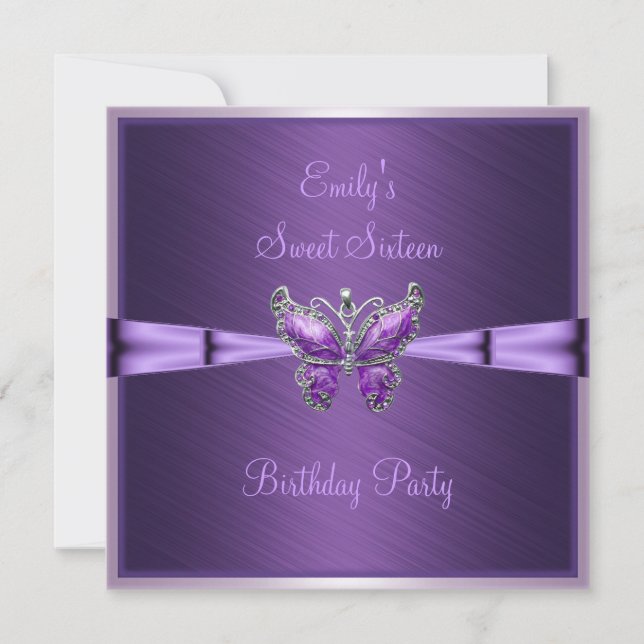 Sweet sixteen 16 Lila Butterfly Birthday 2 Inbjudningar (Framsida)