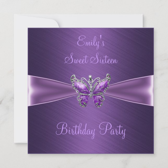 Sweet sixteen 16 Lila Butterfly Birthday Inbjudningar (Framsida)