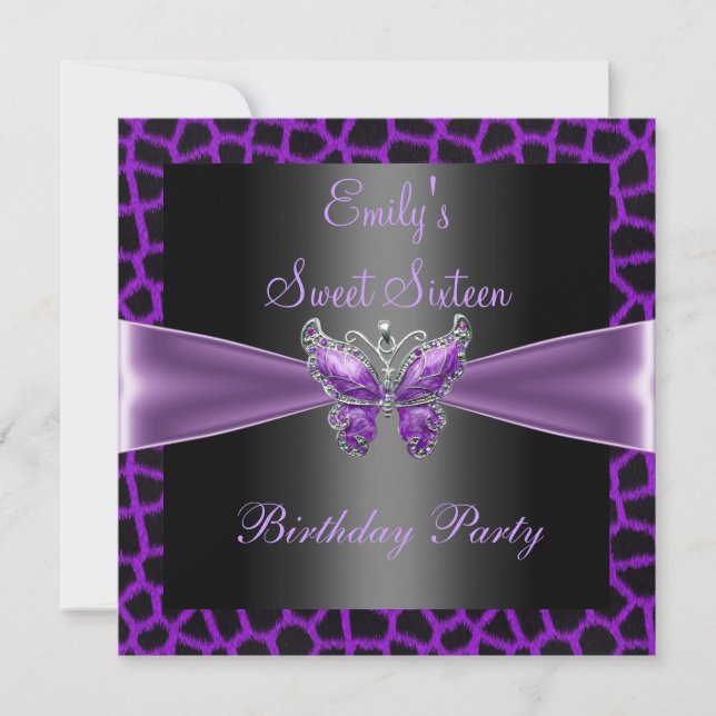 Sweet sixteen 16 Lila Mauve Black Butterfly Inbjudningar (Framsida)