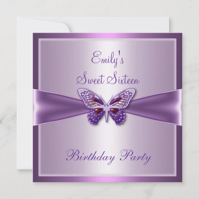 Sweet sixteen 16 Lila Mauve Butterfly Birthday Inbjudningar (Framsida)