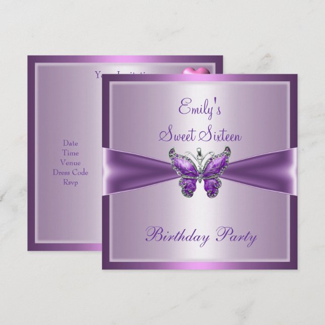 Sweet sixteen 16 Lila Mauve Butterfly Birthday Inbjudningar (Fram/baksida)
