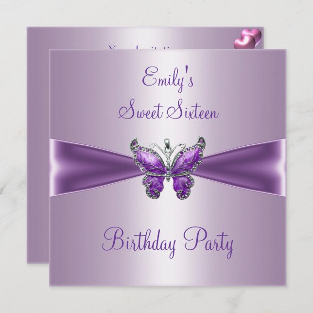 Sweet sixteen 16 Lila Mauve Butterfly Birthday Inbjudningar (Fram/baksida)
