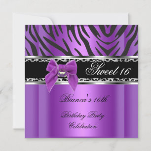Sweet Sixteen 16 Lila Silver Svart Zebra Leopard Inbjudningar