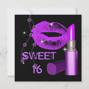 Sweet Sixteen 16 Lila Varm Rosa Läppar Läppstift Inbjudningar