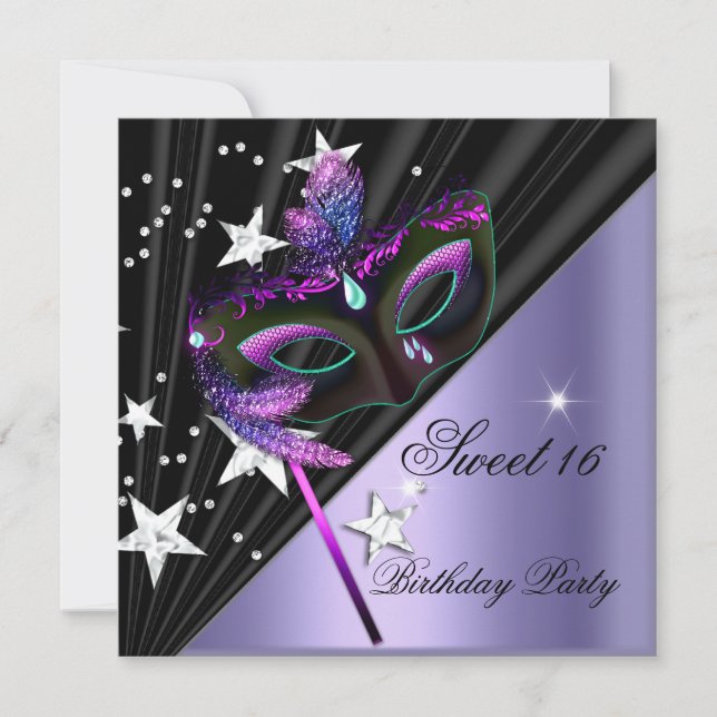 Sweet sixteen 16 Lilac Black Silver Mask Inbjudningar (Framsida)