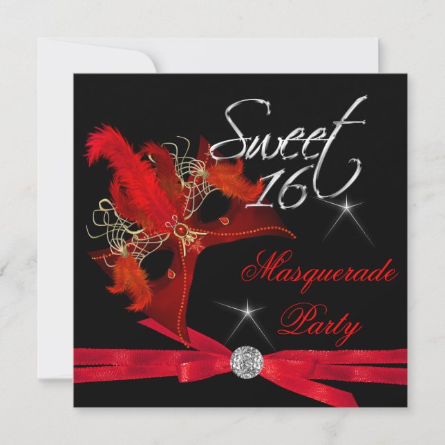 Sweet sixteen 16 Masqueraad Red Black Inbjudningar (Framsida)