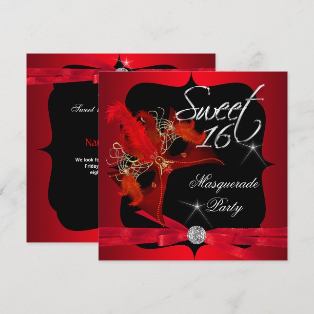 Sweet sixteen 16 Masqueraad Red Black Inbjudningar (Fram/baksida)