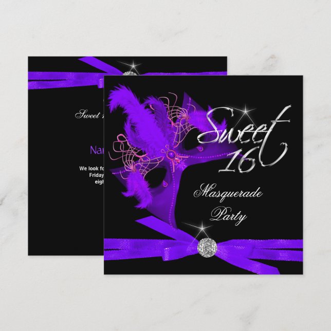 Sweet sixteen 16 Masquerad Lila Black Inbjudningar (Fram/baksida)