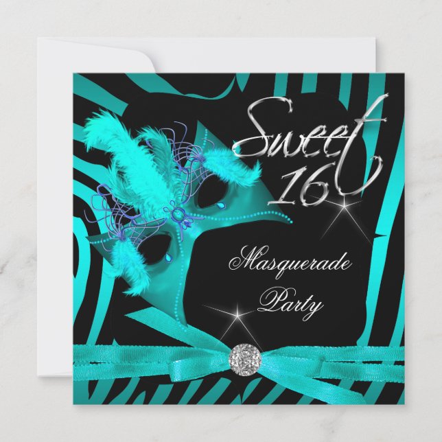 Sweet sixteen 16 Masquerad Teal Zebra Inbjudningar (Framsida)