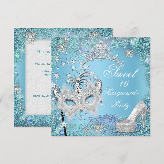 Sweet sixteen 16 Masquerauppad Party Blue Tiara Sh Inbjudningar (Fram/baksida)
