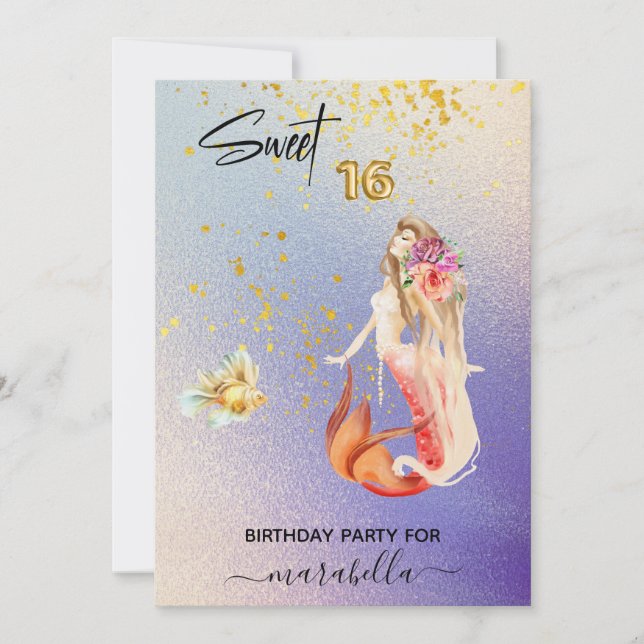*~* SWEET SIXTEEN 16 Ombre Sjöjungfru Födelsedagsf Inbjudningar (Framsida)