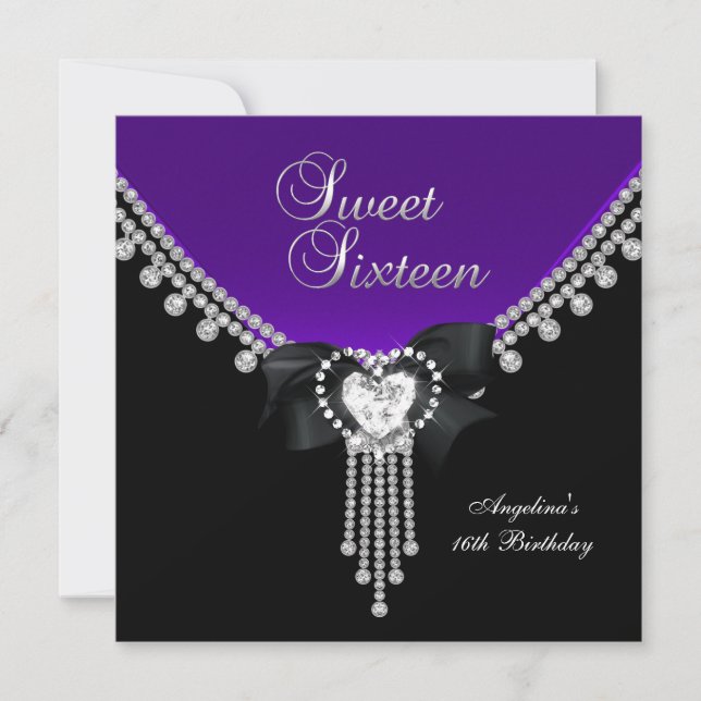 Sweet sixteen 16 Party Black Lila Diamond Inbjudningar (Framsida)