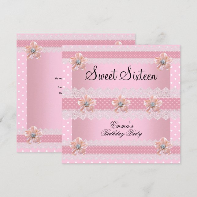 Sweet sixteen 16 Party Blommigt Rosa Vit Spot Inbjudningar (Fram/baksida)