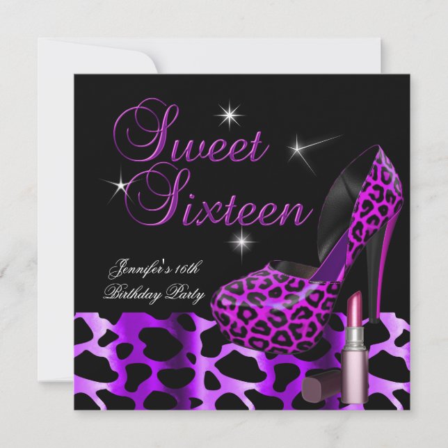 Sweet sixteen 16 Party Leopard Shoe Lipstick Inbjudningar (Framsida)