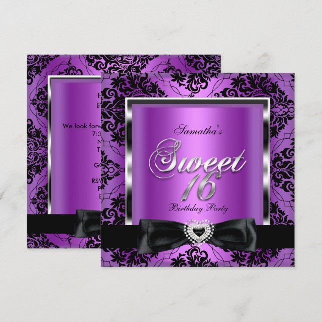 Sweet sixteen 16 Party Lila Damask Silver Black Inbjudningar (Fram/baksida)