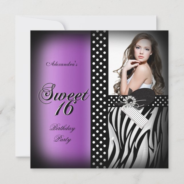 Sweet sixteen 16 Party Lila Zebra Black Spot Inbjudningar (Framsida)