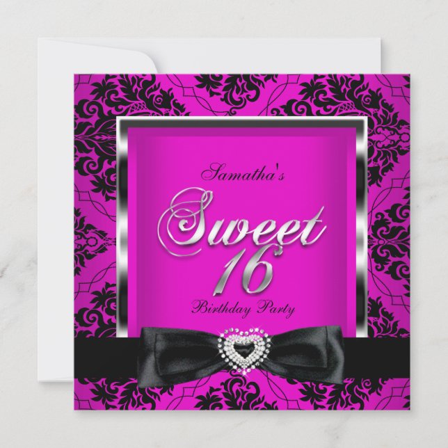 Sweet sixteen 16 Party Rosa Black Damask Silver Inbjudningar (Framsida)