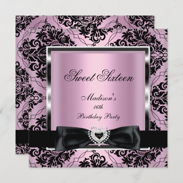 Sweet sixteen 16 Party Rosa Damask Silver Black Inbjudningar (Fram/baksida)