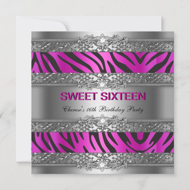 Sweet sixteen 16 Party-Shock rosa-Zebra Black Inbjudningar (Framsida)