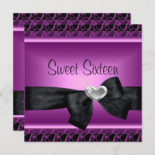 Sweet sixteen 16 Party Silver Heart Lila Black Inbjudningar (Fram/baksida)