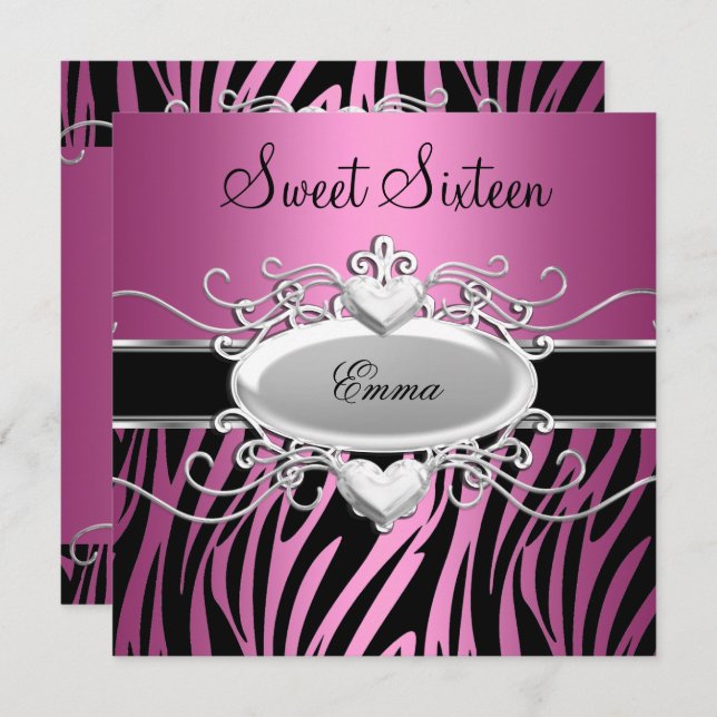 Sweet sixteen 16 Party Silver Rosa Black Zebra Inbjudningar (Fram/baksida)