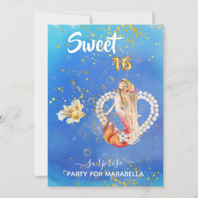*~* SWEET SIXTEEN 16 Pearl Heart Sjöjungfru Birthd Inbjudningar (Framsida)