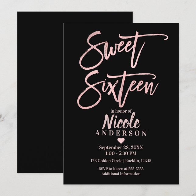 SWEET SIXTEEN 16 Ro guldblomma och svart modern Inbjudningar (Fram/baksida)