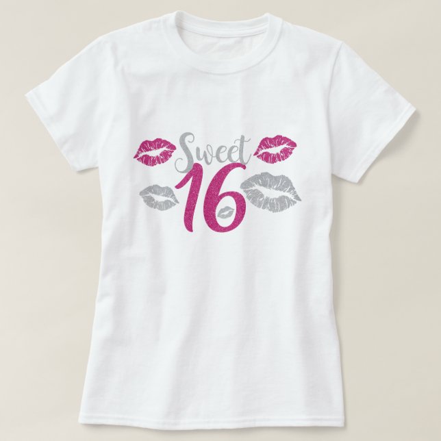 Sweet sixteen 16 Rosa Faux Glitter Skriv ut på föd T Shirt (Design framsida)