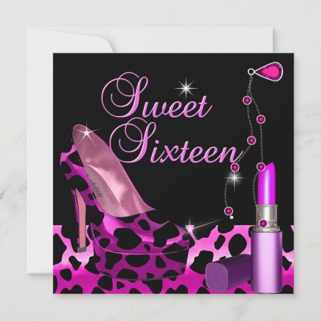 Sweet sixteen 16 Rosa Leopard Shoe Lipstick Inbjudningar (Framsida)