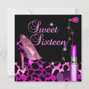 Sweet Sixteen 16 Rosa Leopard Skolapparat Läppstif Inbjudningar