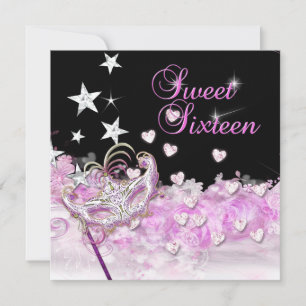 Sweet Sixteen 16 Rosa Mask Hjärta Stjärnor Inbjudningar