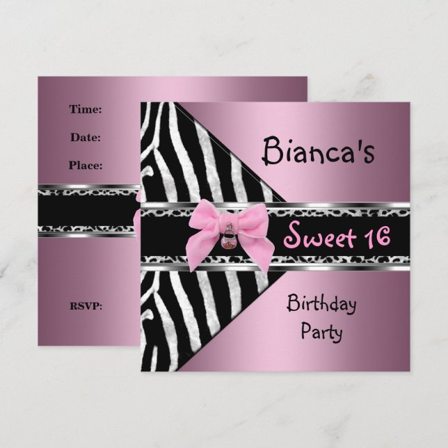 Sweet sixteen 16 Rosa Silver Black Zebra Leopard Inbjudningar (Fram/baksida)