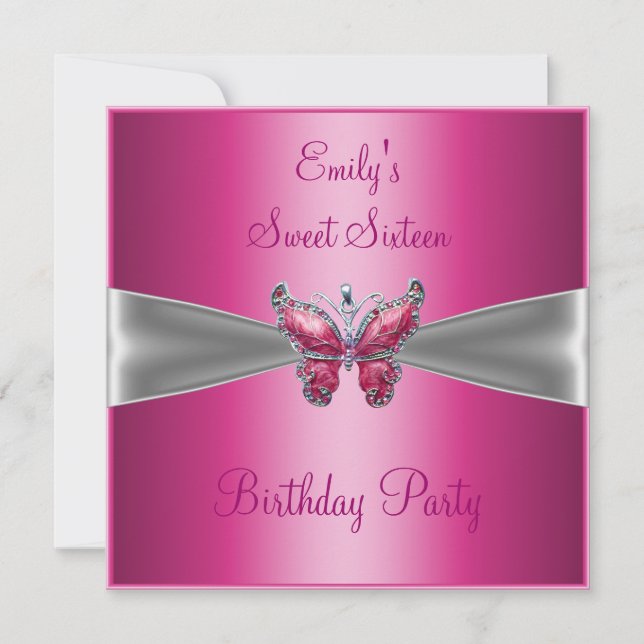 Sweet sixteen 16 Rosa Silver Butterfly Birthday Inbjudningar (Framsida)