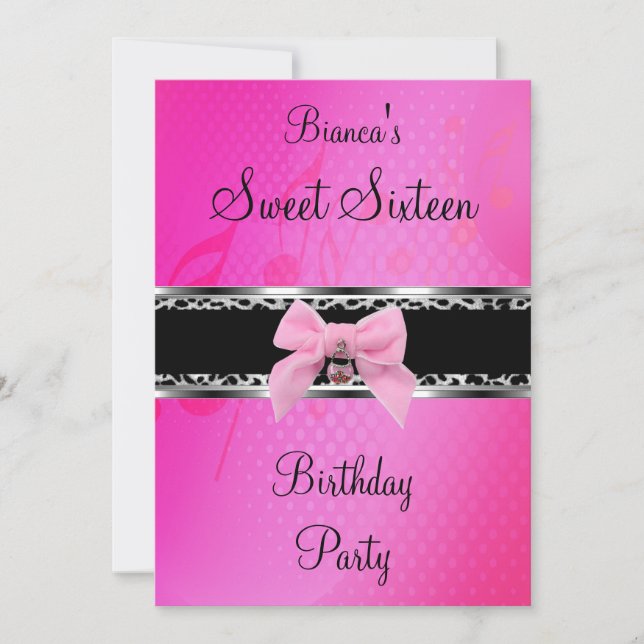Sweet Sixteen 16 Rosa Silver Svart Zebra Bow Inbjudningar (Framsida)