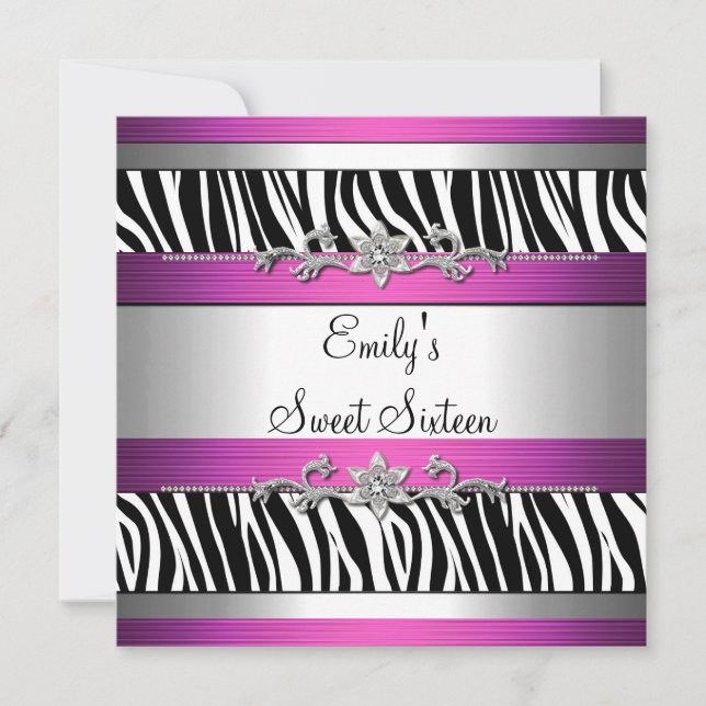 Sweet sixteen 16 Rosa Svarta vita Zebra Silver Inbjudningar (Framsida)
