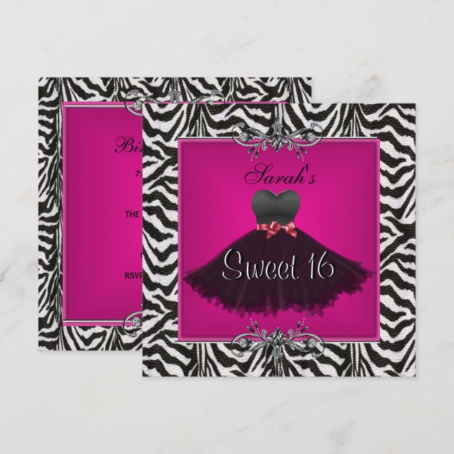 Sweet sixteen 16 Rosa Zebra Black Dress Inbjudningar (Fram/baksida)