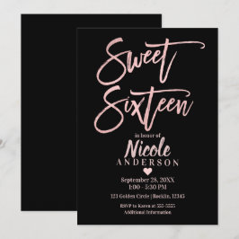 SWEET SIXTEEN 16 Roséguld Folie & Svart Modern Inbjudningar