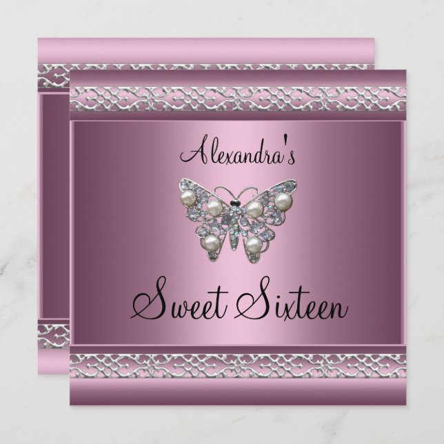 Sweet sixteen 16 Satin Rosa Butterfly Inbjudningar (Fram/baksida)