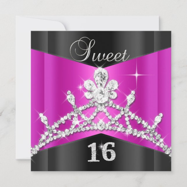 Sweet sixteen 16 Shock rosa Black Silver Tiara Inbjudningar (Framsida)