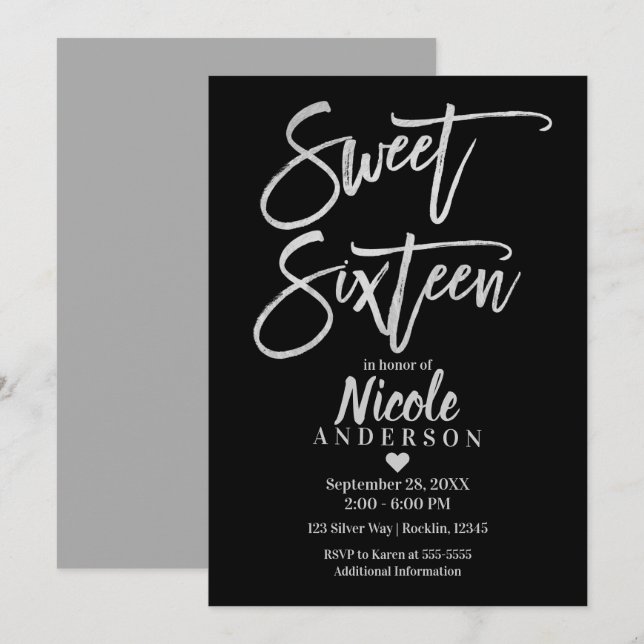 SWEET SIXTEEN 16 Silver Grått Foil & Black Modern Inbjudningar (Fram/baksida)