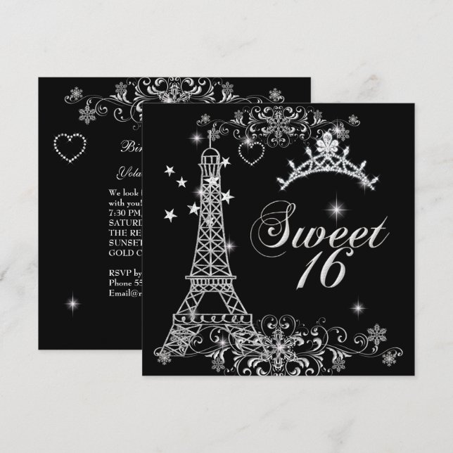 Sweet sixteen 16 Svarta Silver Glitter Eiffel Torn Inbjudningar (Fram/baksida)