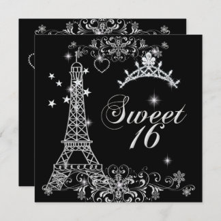 Sweet sixteen 16 Svarta Silver Glitter Eiffel Torn Inbjudningar