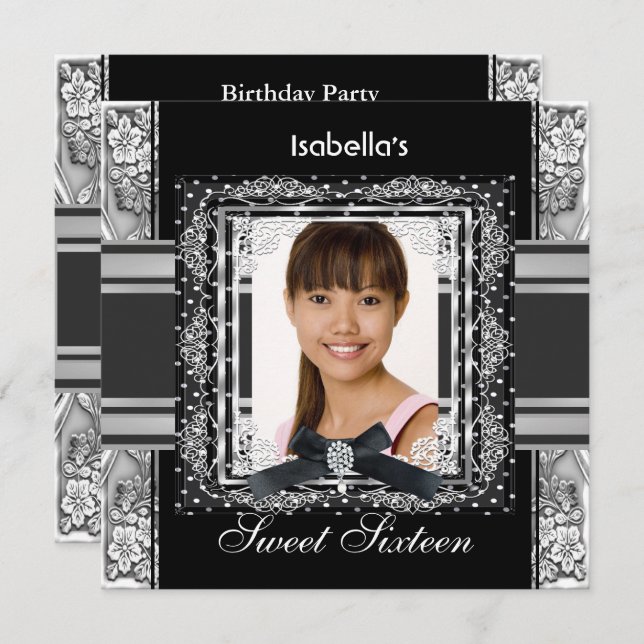 Sweet sixteen 16 Svartvit Silver-Födelsedagsfest Inbjudningar (Fram/baksida)