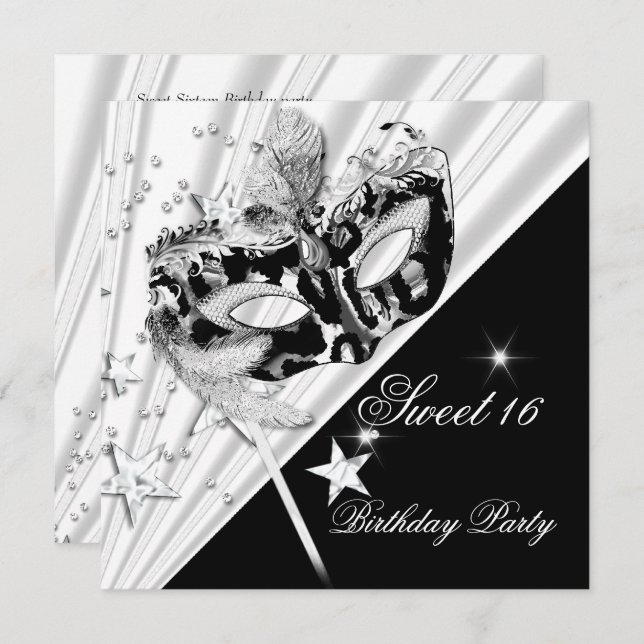 Sweet sixteen 16 Svartvit Silver-mask Inbjudningar (Fram/baksida)