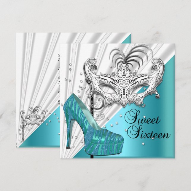 Sweet Sixteen 16 Teal Silver Maskerad Mask 2 Inbjudningar (Fram/baksida)