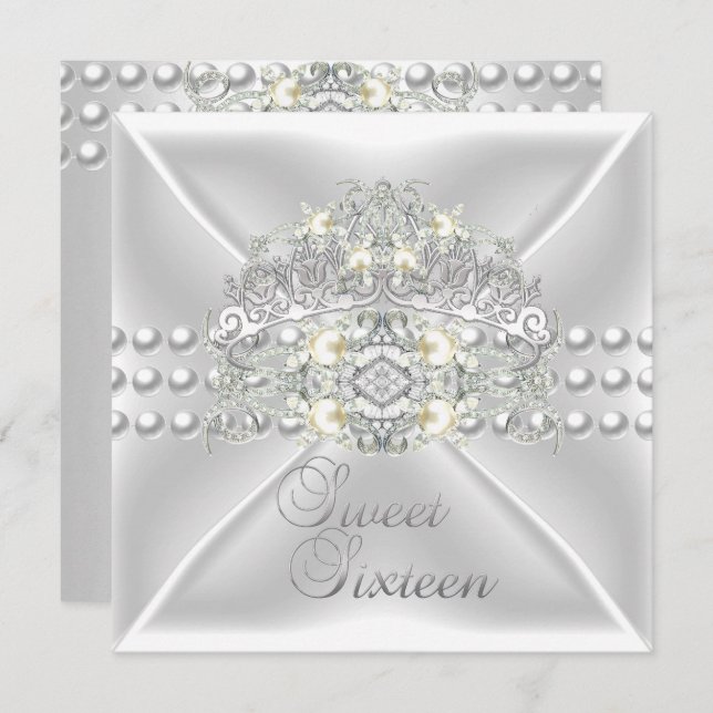 Sweet sixteen 16 Tiara Silver White Pearl Diamond Inbjudningar (Fram/baksida)
