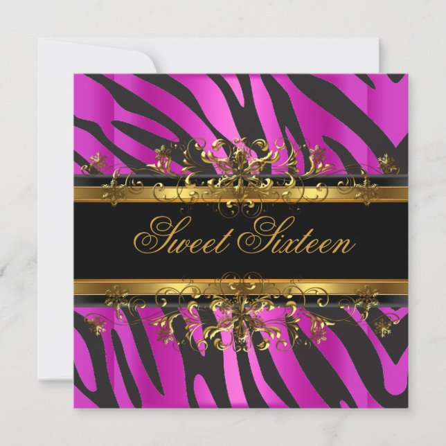 Sweet sixteen 16 Zebra Shock rosa Guld Black Inbjudningar (Framsida)